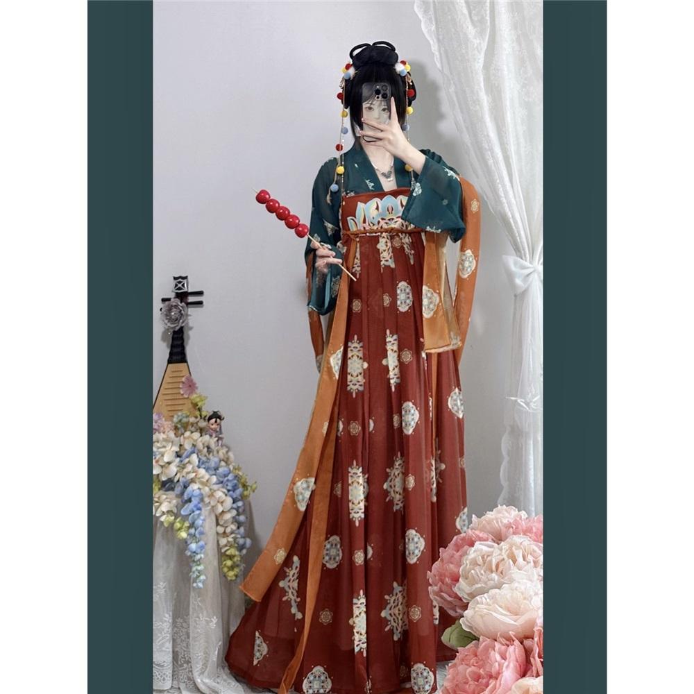Chinese Tang Dynasty Style Print Restored Hanfu One-piece Chest-length Skirt Suit For Women