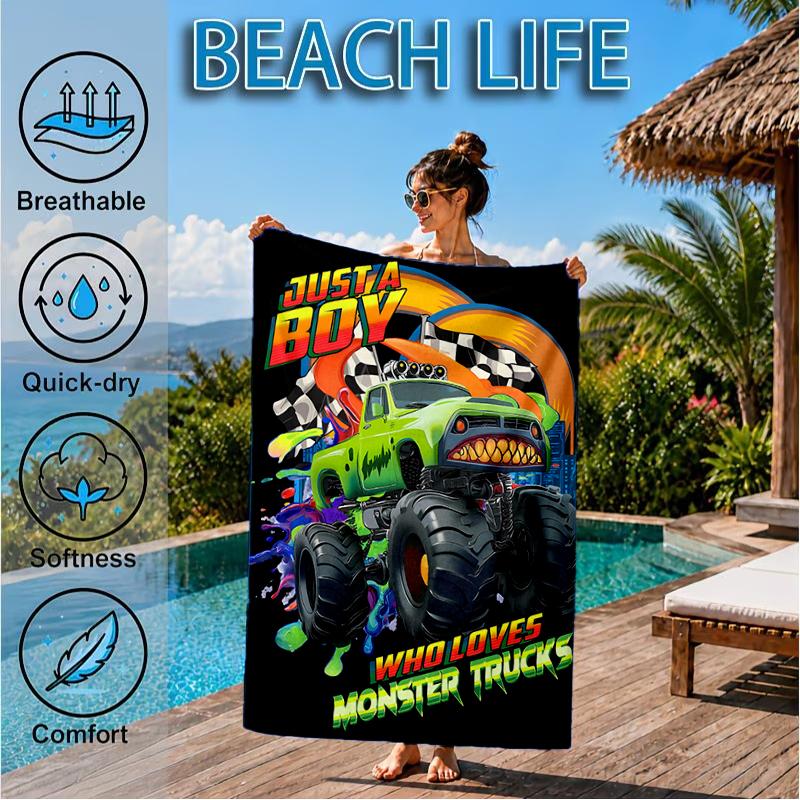 Mon-ster Truck Adventure Beach Towel, Super Soft Microfiber, Perfect Gift for Her/Him, Birthday, for Pool, Beach, Travel, Decor Beach Party