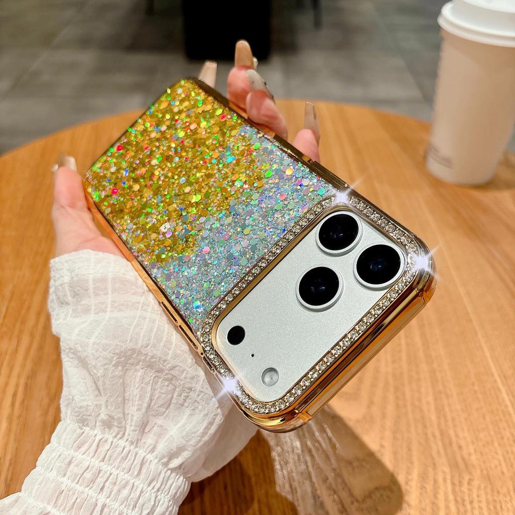 Блестящий градиентный чехол со стразами и блестками для iPhone 17 Pro Max - Ударопрочный, Гальванизированный, Мягкий защитный чехол.