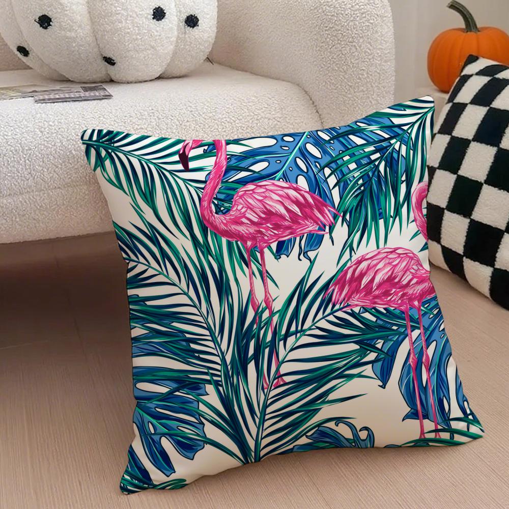 Forest Flamingo Palm Leaves Plant Pattern Art Cushion Cover Throw Pillow Cover Hidden Button Durable Polyester Chair Cushion