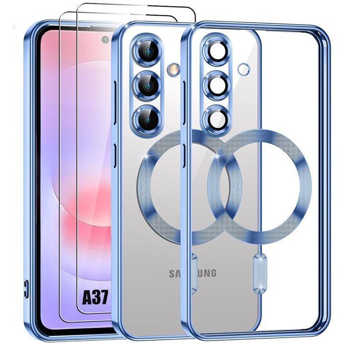 Coque pour Samsung Galaxy A37 5G, Silicone avec Cercle Magnétique - Bleu - 2 Verres Trempés
