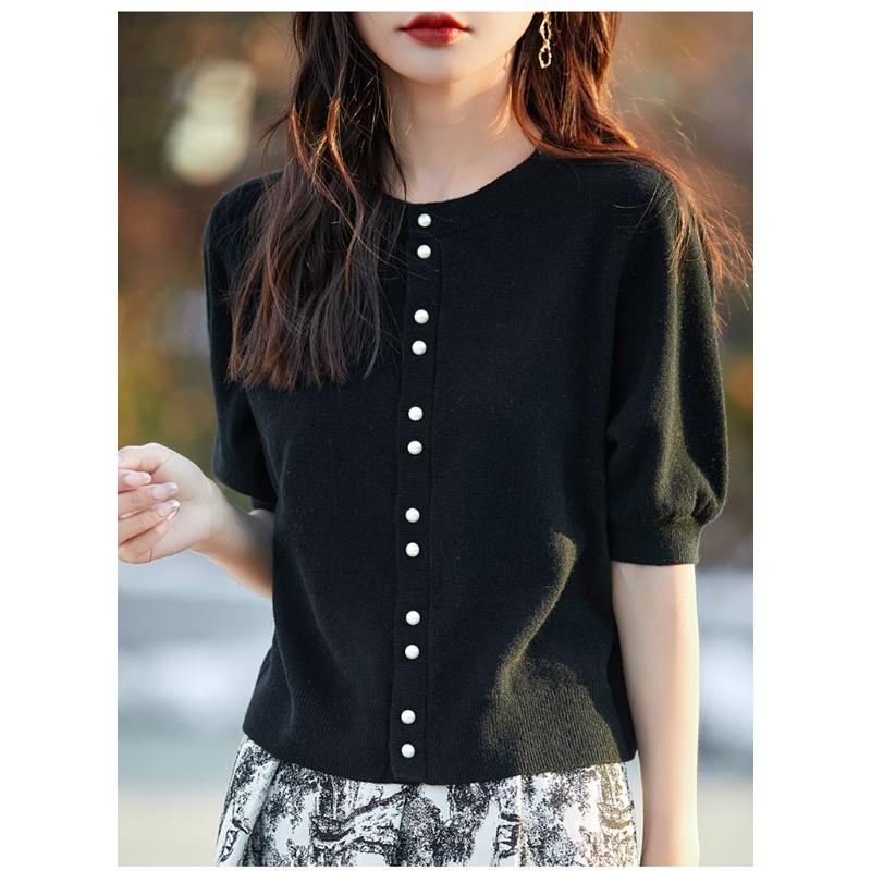 Летняя Новая Универсальная Полосатая Вязаная Рубашка с Коротким Рукавом Женская Рубашка с Половинным Рукавом Вязаная Модный Полосатый Топ с V-образным Вырезом