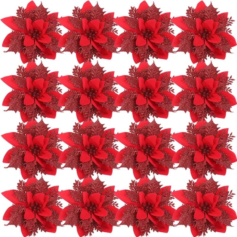 Christmas Red Gold Glitter Flowers Artificial Poinsettia Flower for Xmas Tree Ornaments Navidad New Year Party Home Decoration