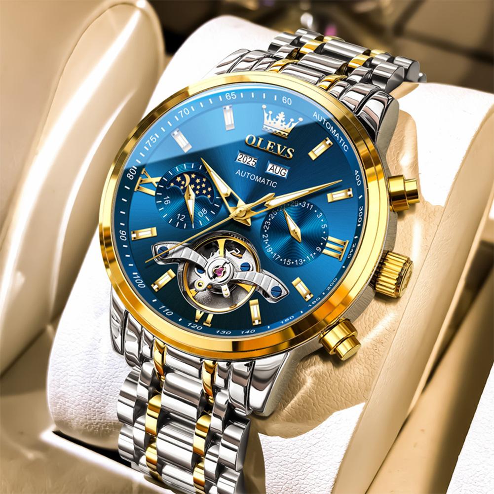OLEVS Top Luxury Tourbillon Watches Men Month Calendar Week Moon Phase Watches Automatic Mechanical Wristwatches Men Reloj