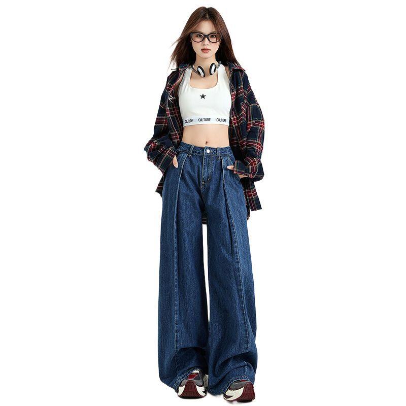 Autumn new dark blue jeans women's loose wide-leg straight-leg pants