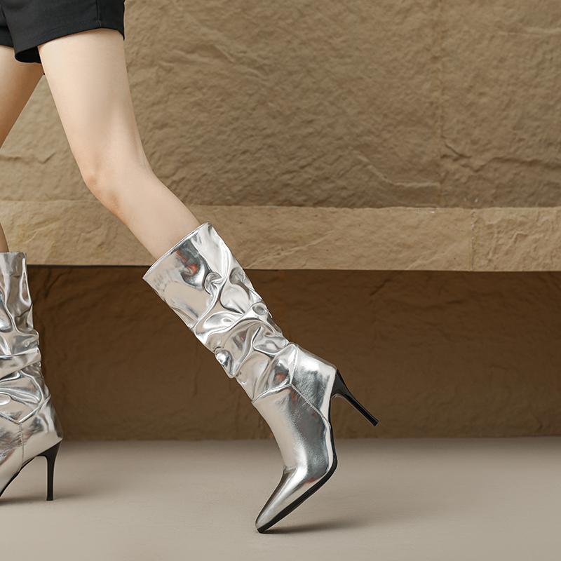 Женские сапоги на высоком каблуке, осень и зима, новые, карамельного цвета, остроносые, на шпильке, большие, средние сапоги