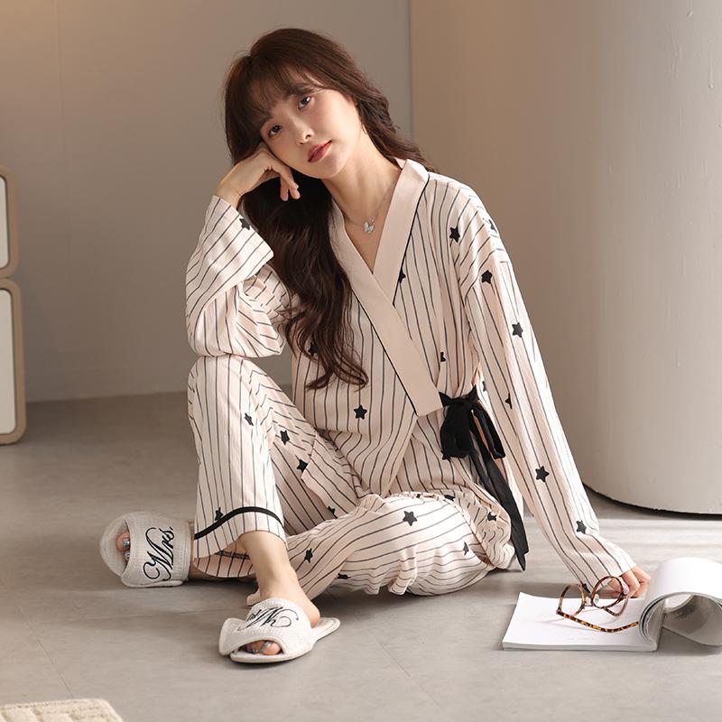 Autumn Pyjamas Women Pajama Sets Striped Star Print Kimonos for Women Cotton Yukata Robes Set