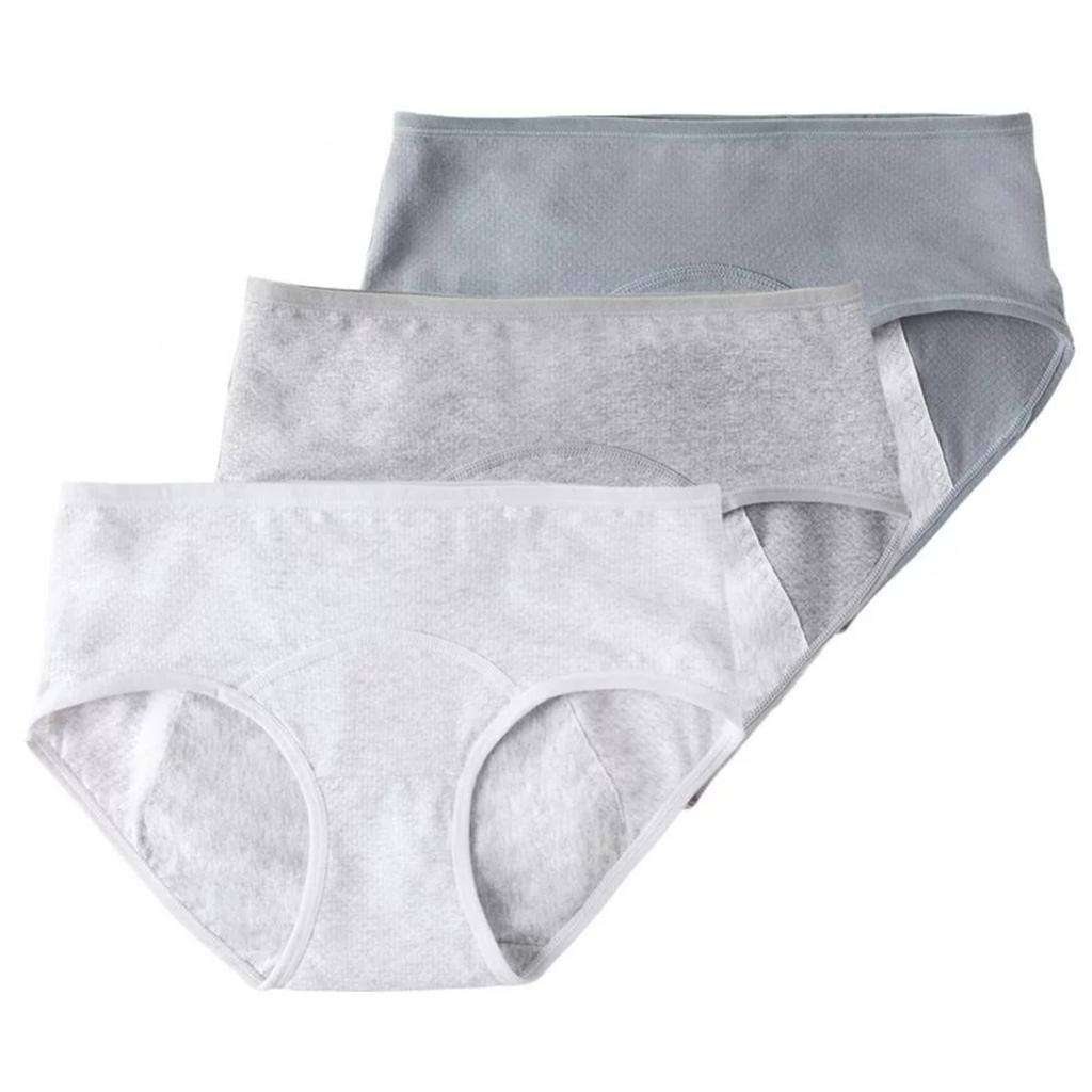 Women's 3 Pack Cotton Leakproof Period Underwear Middle Waist Comfortable Panties Blue Dark Grey Light Grey