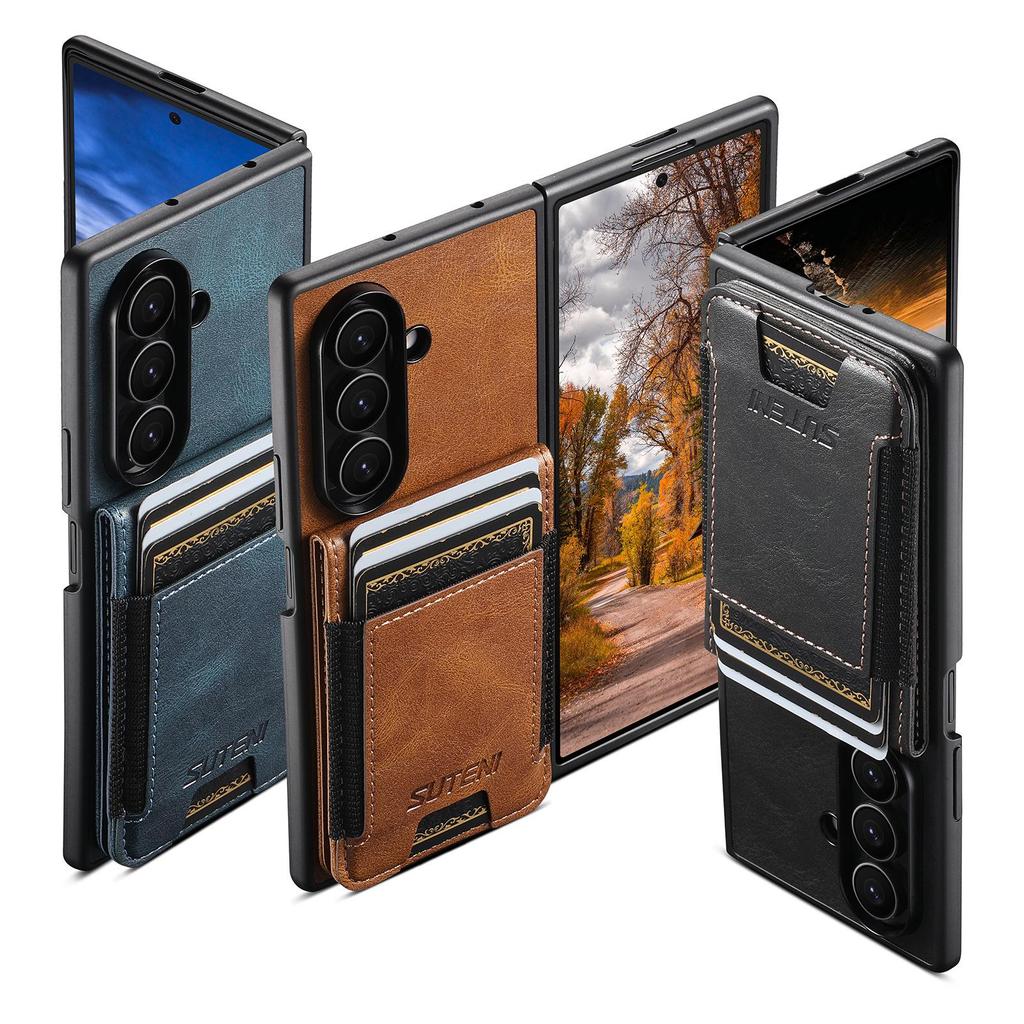 SUTENI Leather Case for Samsung Z Fold 5/6/7: Oil Wax Texture, Card Slot, Elastic Band, Stand Function.