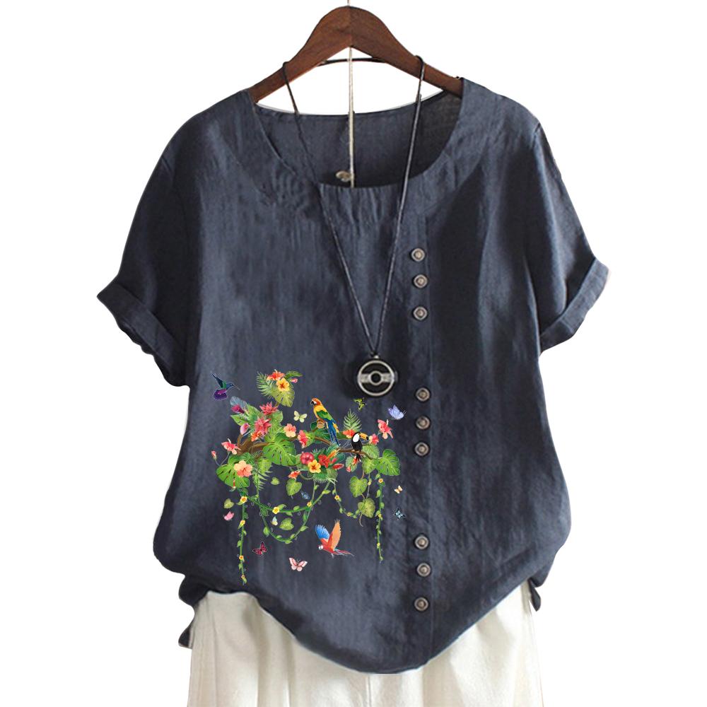 Fashionable Women's Cotton Short Sleeve Top with 11 Colorful Floral Prints and Round Neck