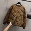 Women Winter Down Coat Rhombus Texture Stitching Thick Padded Pockets Long Sleeves Solid Color Single-breasted Elastic Cuff Lady Jacket