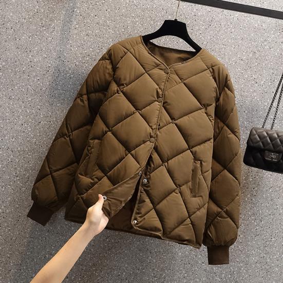 Women Winter Down Coat Rhombus Texture Stitching Thick Padded Pockets Long Sleeves Solid Color Single-breasted Elastic Cuff Lady Jacket