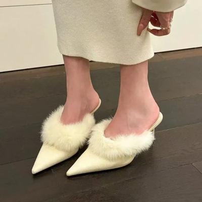 Горячая распродажа модной женской обуви 2024 года, новые модные женские плюшевые тапочки с острым носком, сексуальные зимние тапочки на шпильках, Pantuflas De Mujer