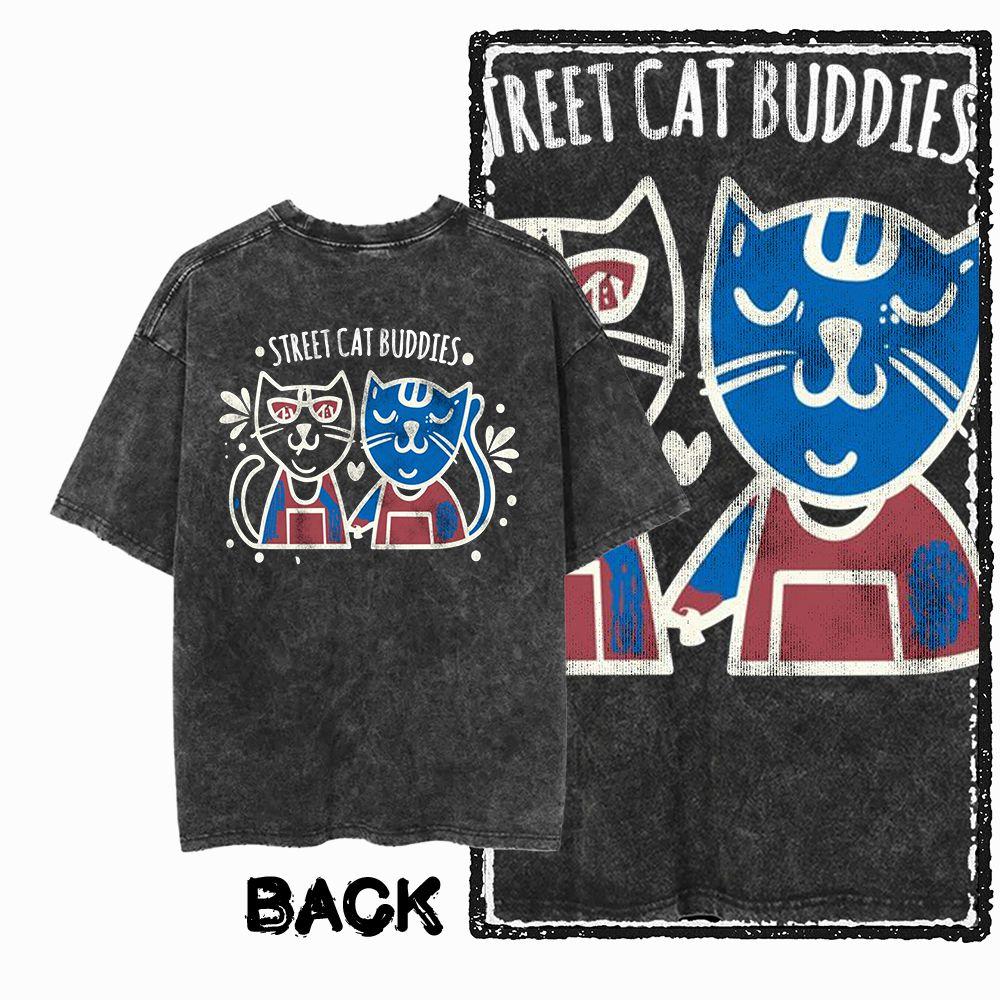 G Back Print Acid Washed Cotton oneck Cat Graphic Unisex Tshirt   Streetwear Big Size Cool Vintage Unisexs Tee Tshirt