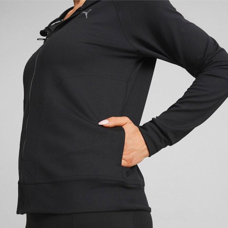 Puma Однотонный логотип Повседневная трикотажная куртка с капюшоном Женские куртки Черный 522780-01