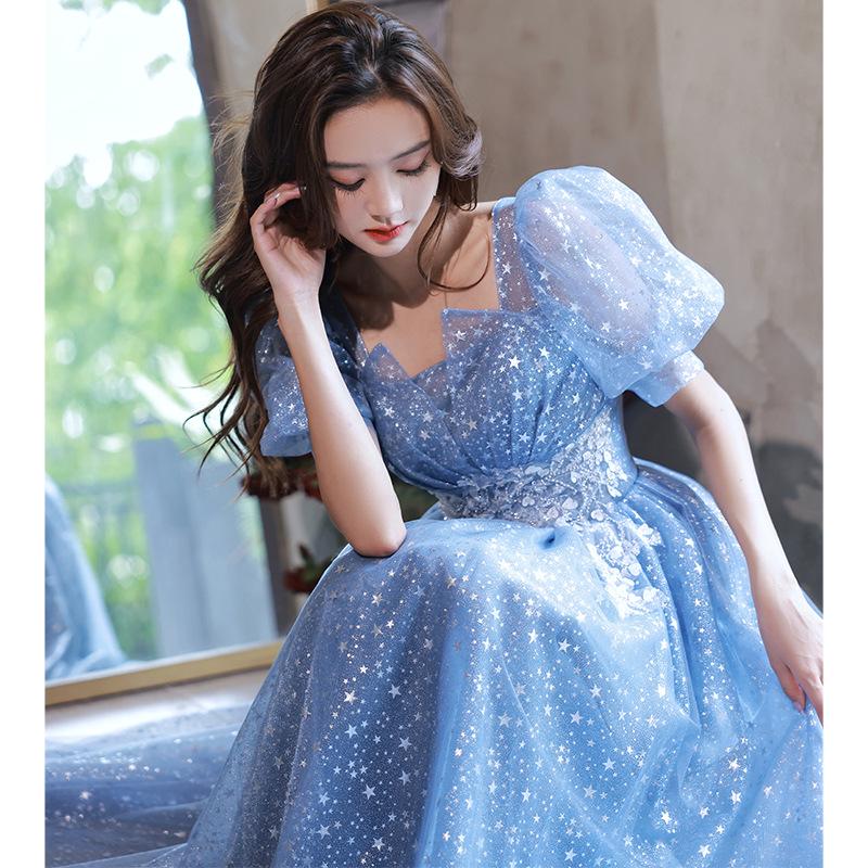 Elegant Blue Long Evening Dress for Women - Luxury Banquet, Vocal Art Exam, Hosting Gown