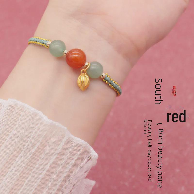 Оригинальный браслет из веревки из южного красного агата: Сплетено вручную, в простом китайском стиле для женщин, подруг и пар.