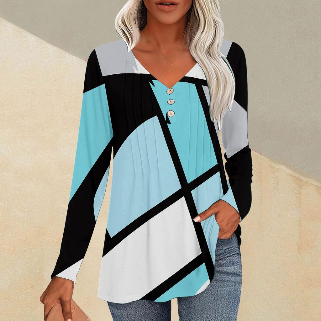 Fashion Tops Casual Pleated V-Neck Line Printed Long Sleeve T-Shirt