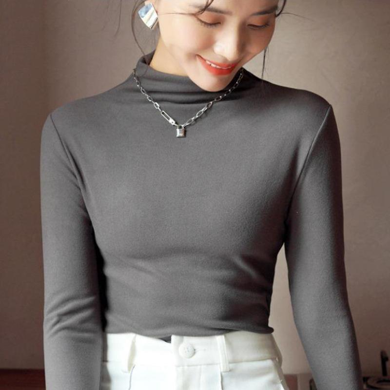 Осенне-зимняя женская нижняя рубашка с воротником до середины шеи и мягкой подкладкой, тонкая однотонная нижняя одежда, черная узкая блузка с длинными рукавами
