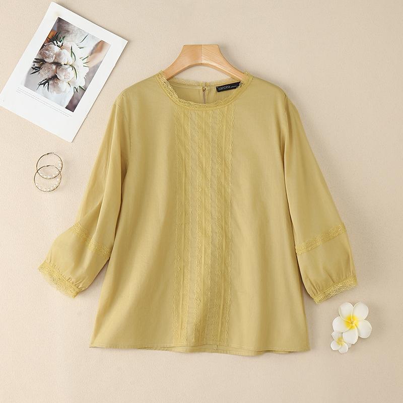 ZANZEA Женская повседневная блузка из хлопка с круглым вырезом и рукавом 3/4