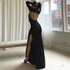Backless Sexy Black Evening Dress Women's Summer Slim High Waist Long Sleeve Dresses Female Vacation Fashion Elegant Side Slit Bodycon Dress Women