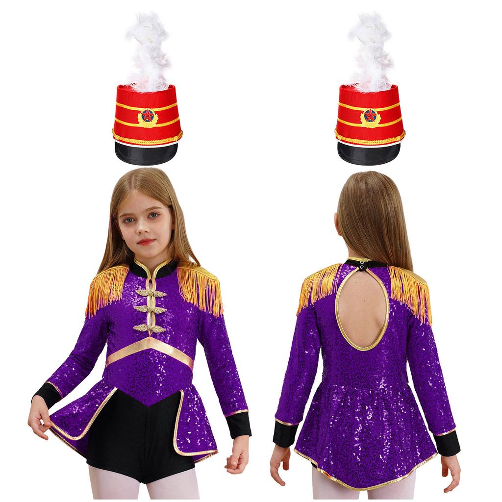 Girls Circus Drummer Costume Long Sleeve Sequined Bodysuit Fringe Epaulet Shoulder Mini Top Hat Accessory