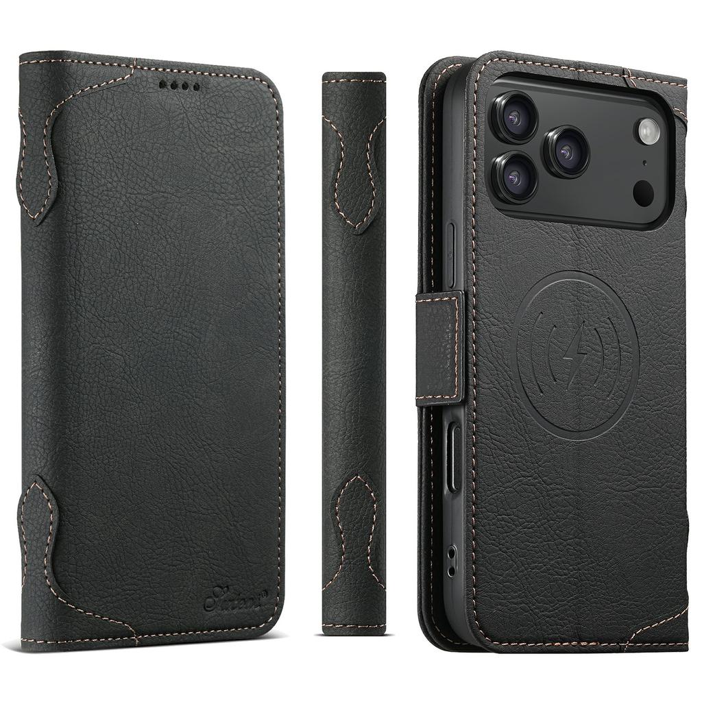 SUTENI J07 For iPhone 17 Pro Max Case Compatible with MagSafe Litchi Texture Leather Wallet Phone Cover