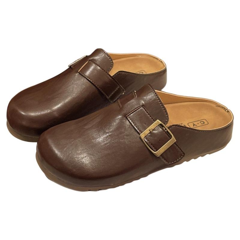 Boken Shoes Half Slippers Female Summer One Foot Lazy Person Single Shoes Toe Leather Cool Slippers