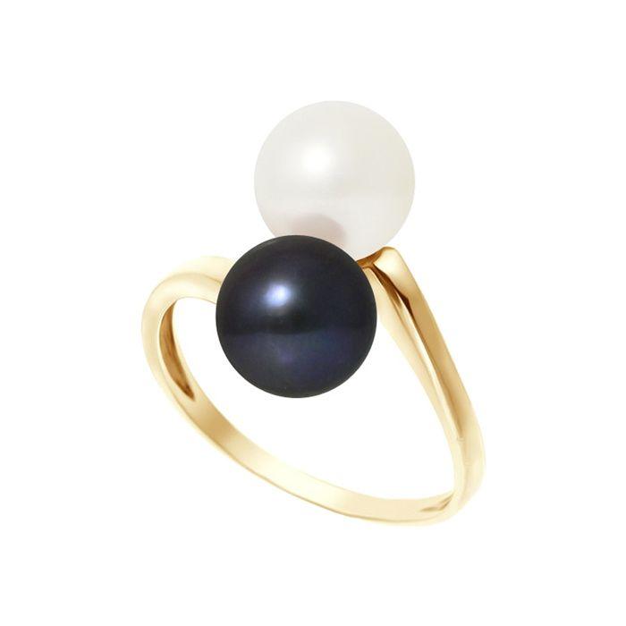 Bague - Pearls & Colors - Véritables Perles d'Eau Douce 7-8 mm - Or Jaune 375/1000 - Blanc Naturel & Noir Tahiti