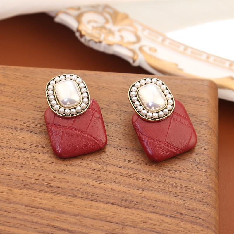Новые винно-красные кожаные серьги с жемчугом, серьги в литературном ретро-этническом стиле, индивидуальные антикварные серебряные серьги-иглы