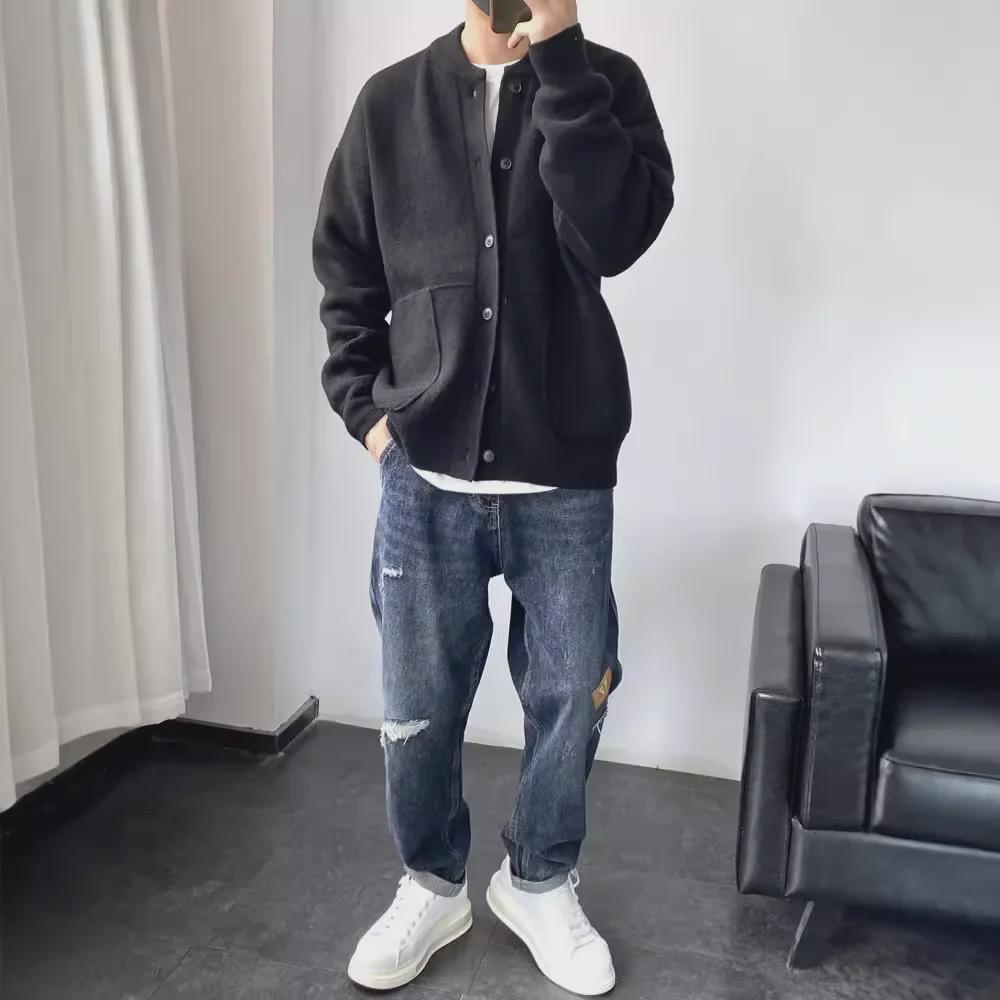 Мужской шерстяной кардиган в японском гонконгском стиле — круглая горловина, свободный крой, плотный вязаный свитер для весны и осени