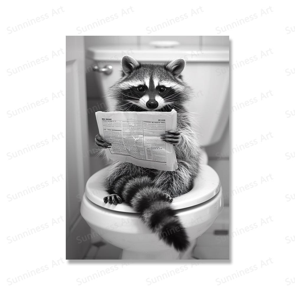 Милый енот сидит на унитазе, чистит зубы и кладет бумагу на голову, рисуя на холсте, забавные картины на холсте для туалета, декор ванной комнаты