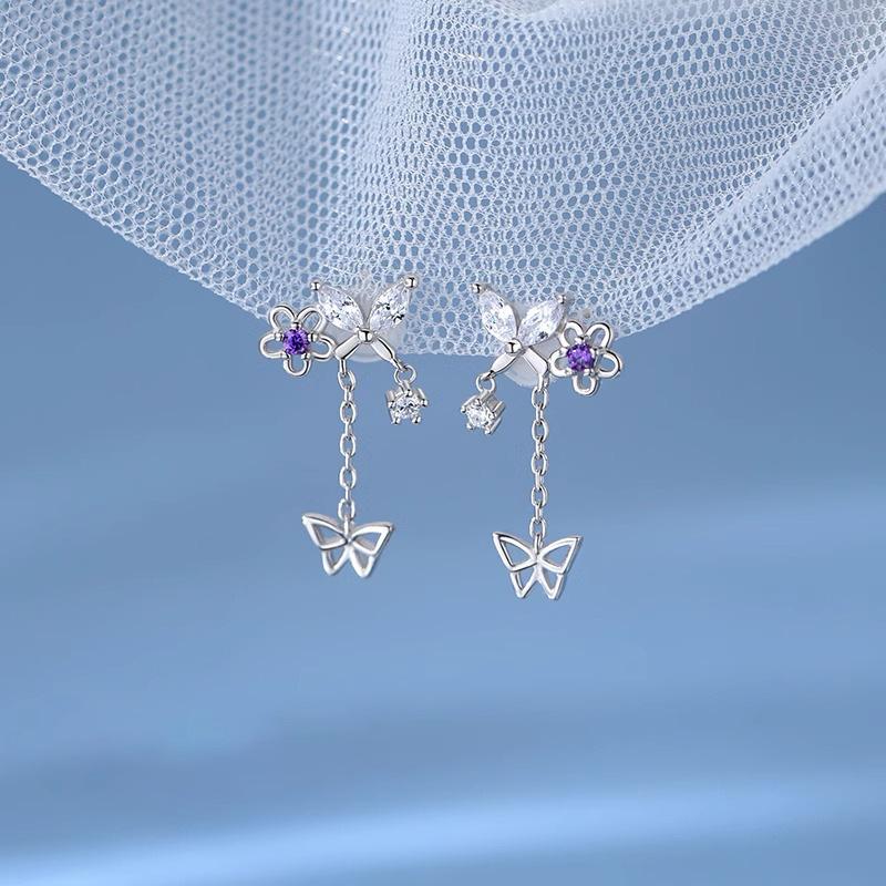 925 Silver Zircon Flower Earring for Women Girl Gift Butterfly Tassels Hollowing Out Jewelry