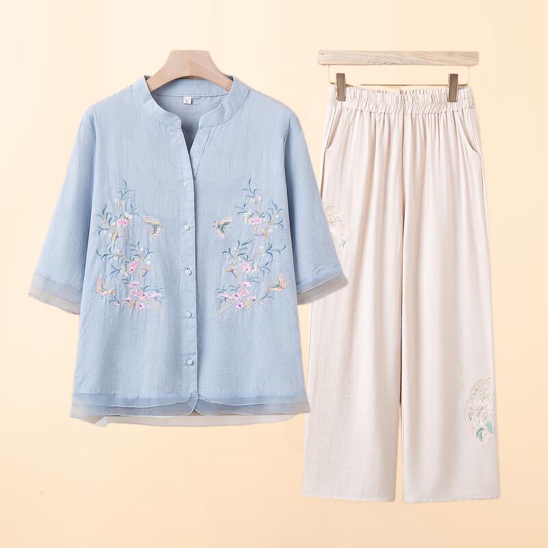 Red Bean Mama Women's Embroidered Cotton Linen Summer Set