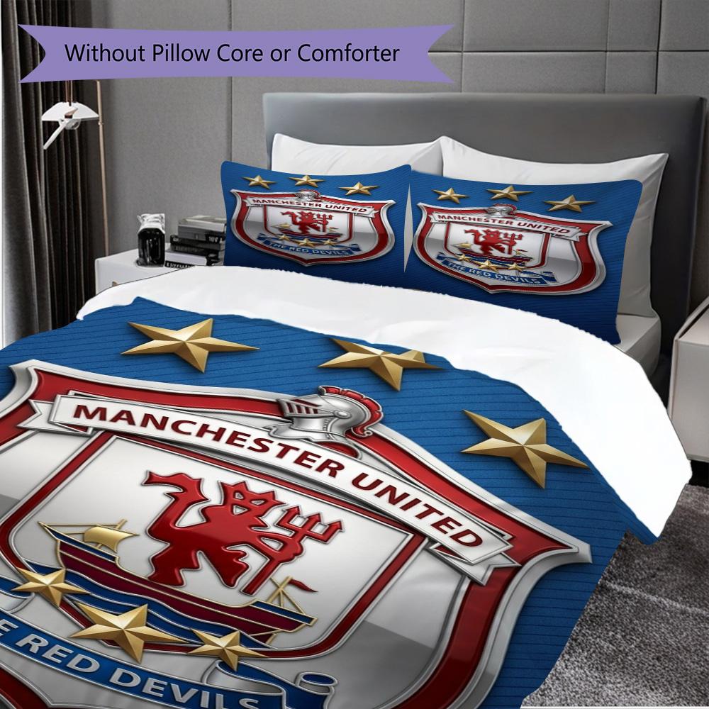 Manchester Glory Emblem Three-piece set (1 * duvet cover + 2 * pillowcase, without core) 2D Flat Christmas birthday gift Soft and comfortable