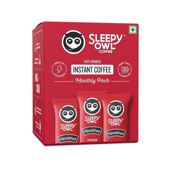 Sleepy Owl Hazelnut Flavour 100% Arabica Coffee Sachets | 60g - Pack of 30 x 2g Instant Coffee Powder Sachets | Nutty & Bold | Travel Friendly