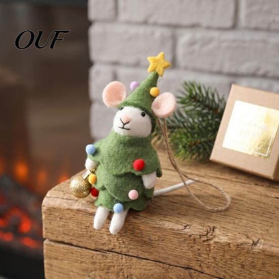 Handmade Holiday Animal Figurines Felt Mouse Christmas Ornament, Wool Mice Hanging Decoration, Cute Needle Ornament Felted Doll Pendant for Xmas Tree,