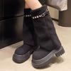 2025 Новые женские высокие ботинки Замшевые ботинки на платформе и массивном каблуке Зимние ботфорты до колена Челси Дизайнерские для вечеринки Женские Снежные боты