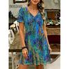 Этнический стиль Цветочный 3D-принт Платье Женское V-образный вырез Короткий рукав Платье Уличный стиль Повседневное Свободное Большой размер Женская одежда Лето