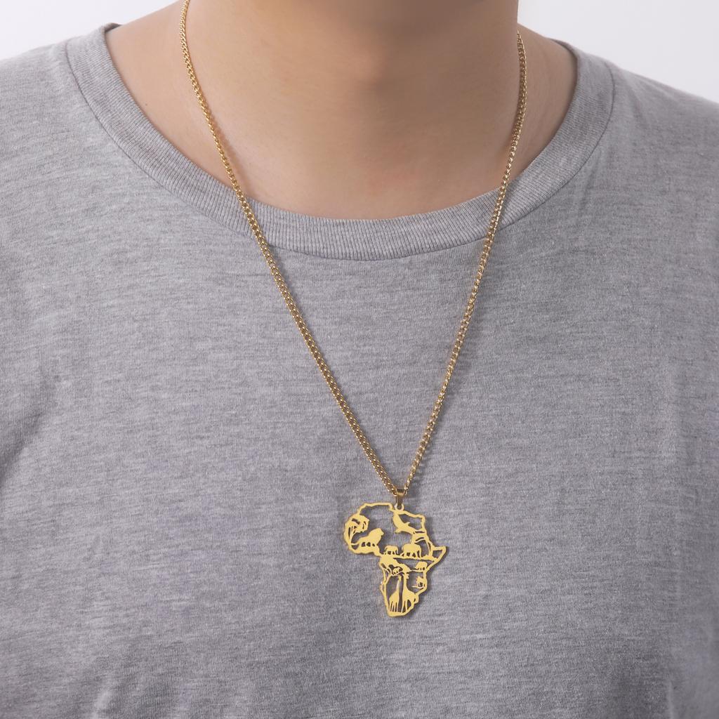 Myshape Animal Map Lion Giraffe Elephant Pendant Stainless Steel Necklace Men's and Boys Fashion Ethnic Jewelry Gift