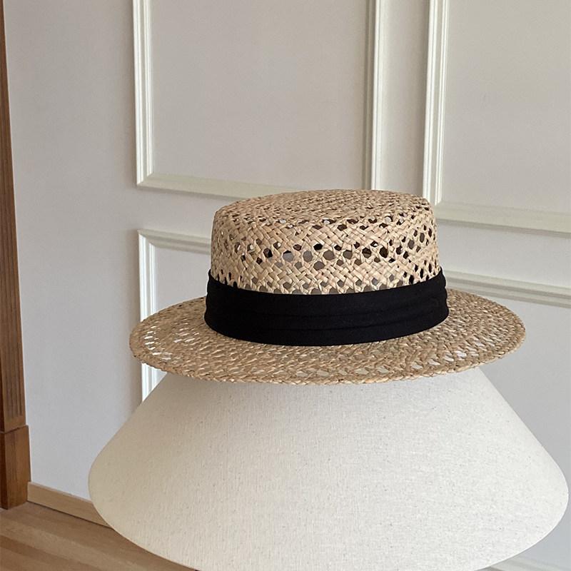 Natural Marillaise Woven Hat Women'S Fashion British Flat Top Top Hat Old Money Wind Seaside Vacation Sunshade Hollow Straw Hat