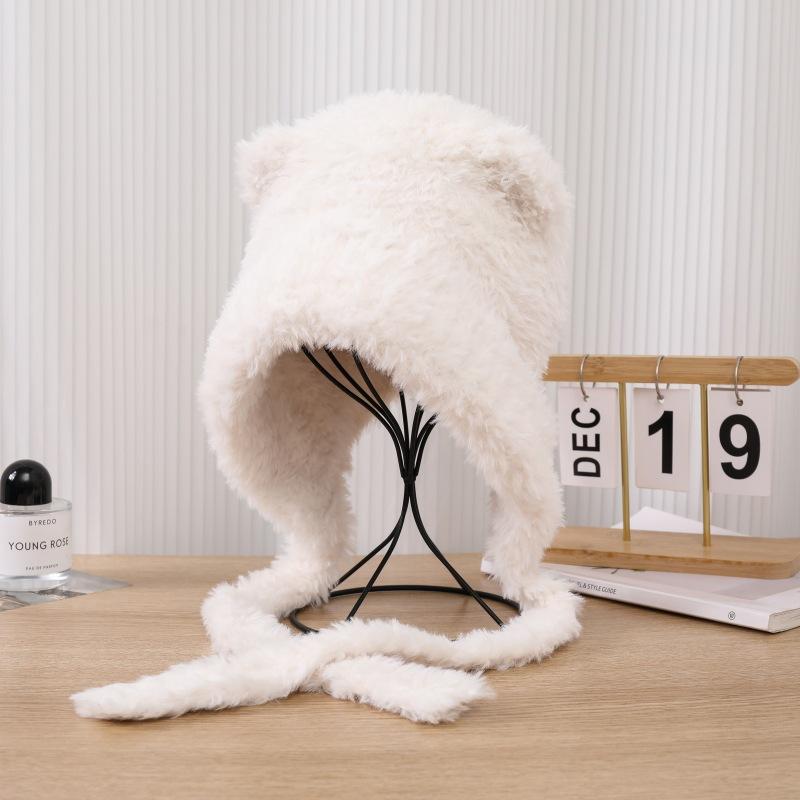 Женская шапка осень/зима 2024 года с милыми медвежьими ушками и мохнатой шеей, большая окружность головы, теплая шерстяная плюшевая шапка Lei Feng