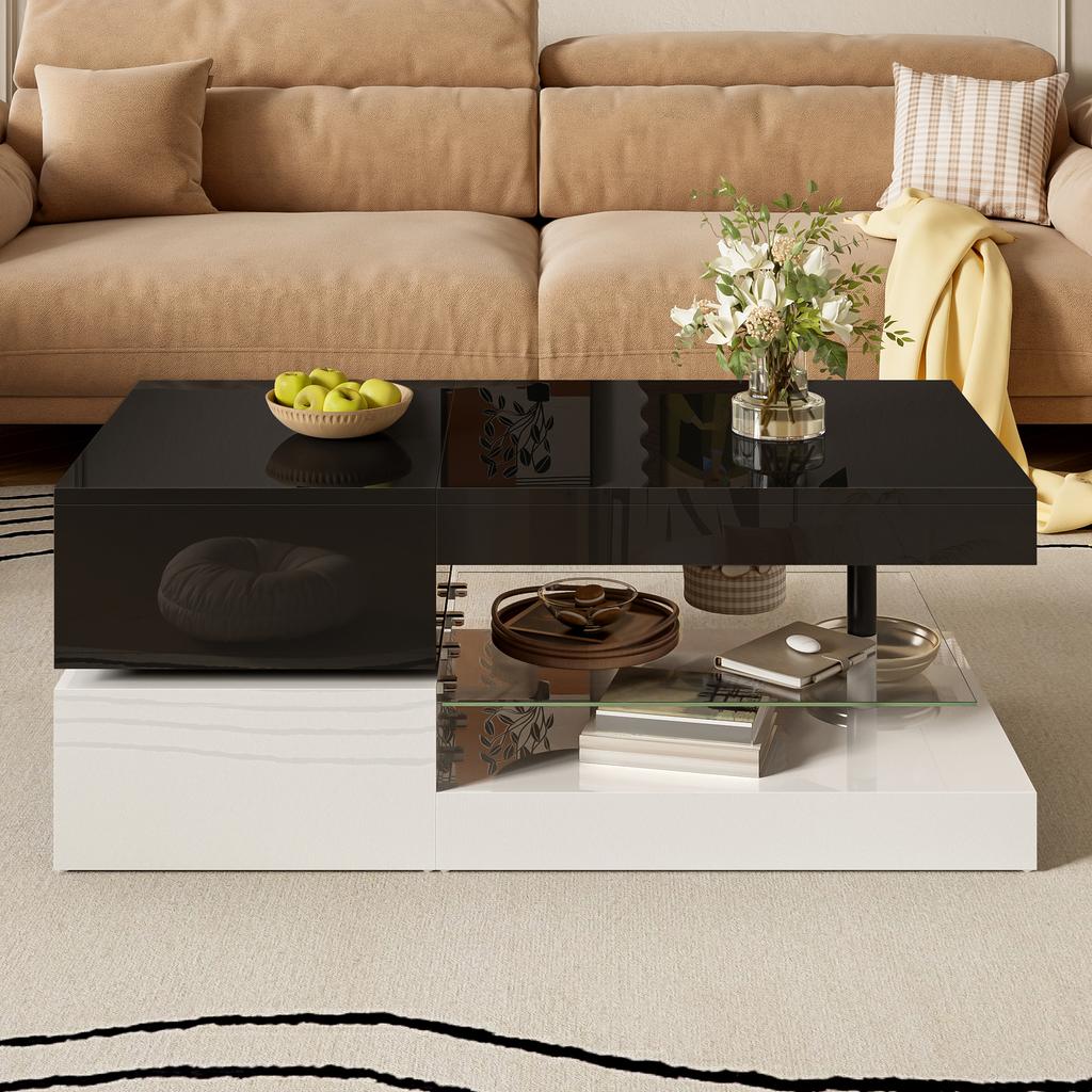 Modern coffee table with LED ambient lighting, APP and Bluetooth control, glass shelf & high-gloss surface, black-white design, 90x45x35,5 cm