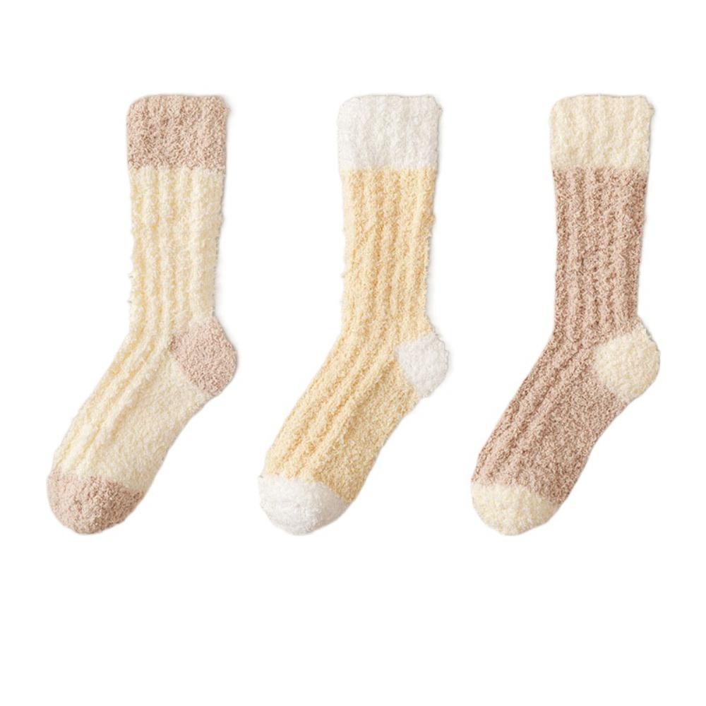 3Pairs Sleeping Coral Fleece Socks Winter Mid Tube Socks Women Solid Color Floor Plush Socks Autumn