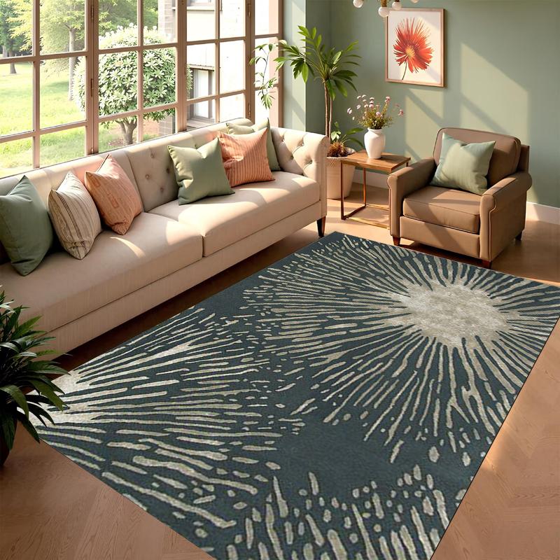 Modern Sunburst Pattern Carpet Mat Rug Navy Blue Cream Abstract Design Non-slip Home Decoration for Living Room Indoor Floor Mat