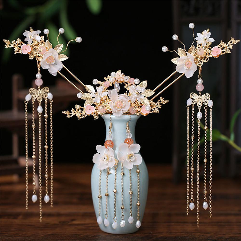 Hairpins Handmade Long Tassel Flower Fashion Earrings Headwear Sets Hanfu Hair Stick Hair Comb