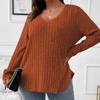 GMXIA Women's Fashion Casual Solid Color Print Autumn Winter Long Sleeve V-Neck Loose Frosted T-shirt with Pit Stripes Sweaters