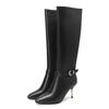Cow Leather Winter Shoes Stiletto Thin Heels Big Size 45 Size 44 Metal Heels Women Keep Warm Knee Boots