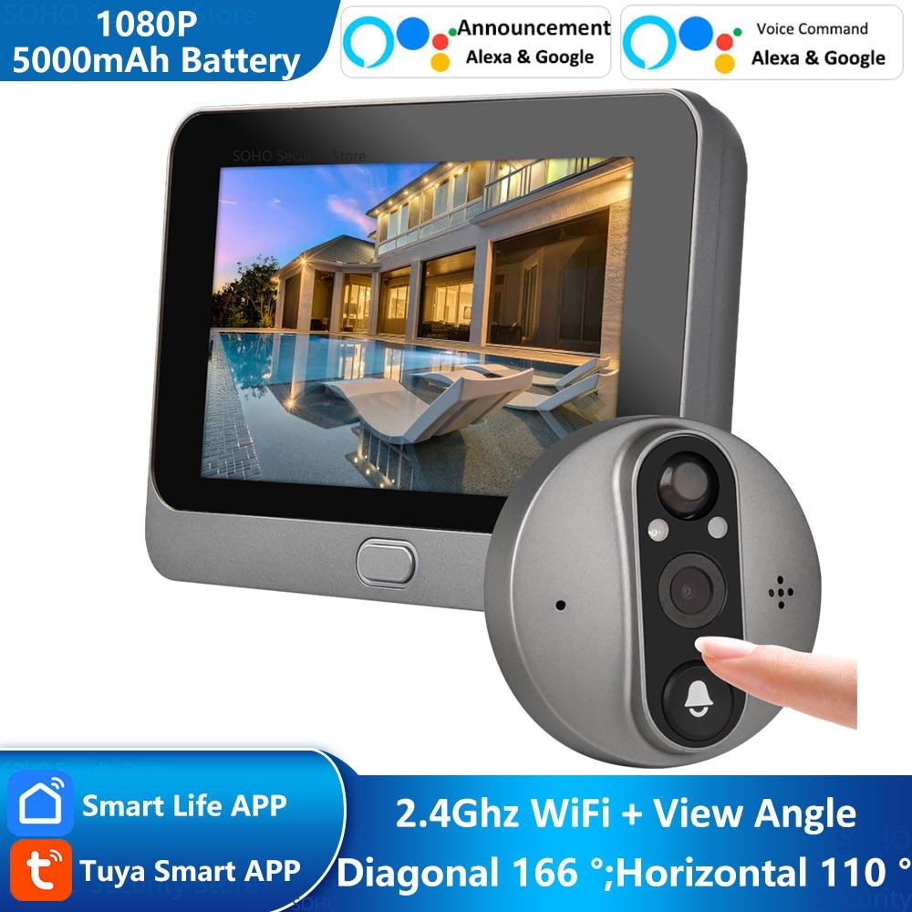 4.3" Smart Tuya 1080P WiFi Door Bell Eye Peephole Camera 5000mAh Battery PIR Motion Detector IR Home Digital Viewer