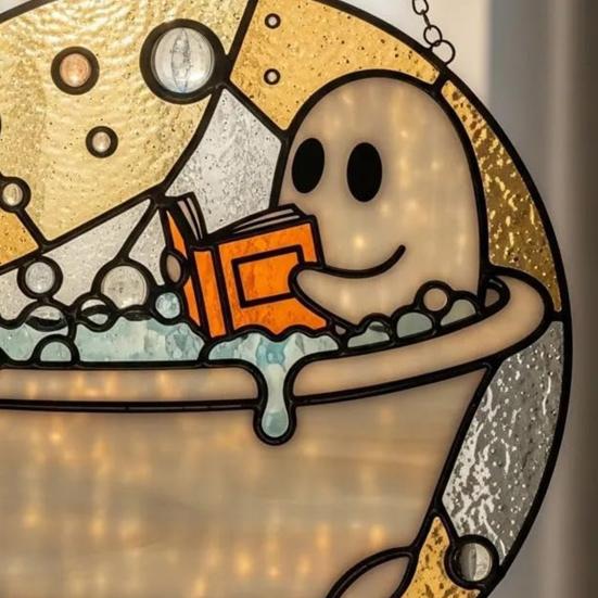 Bath-Time Ghost Reader Ornaments Cute Ghost Reading Book In A Bathtub Acrylic Hanging Suncatcher for Bathroom Window Wall Decoration